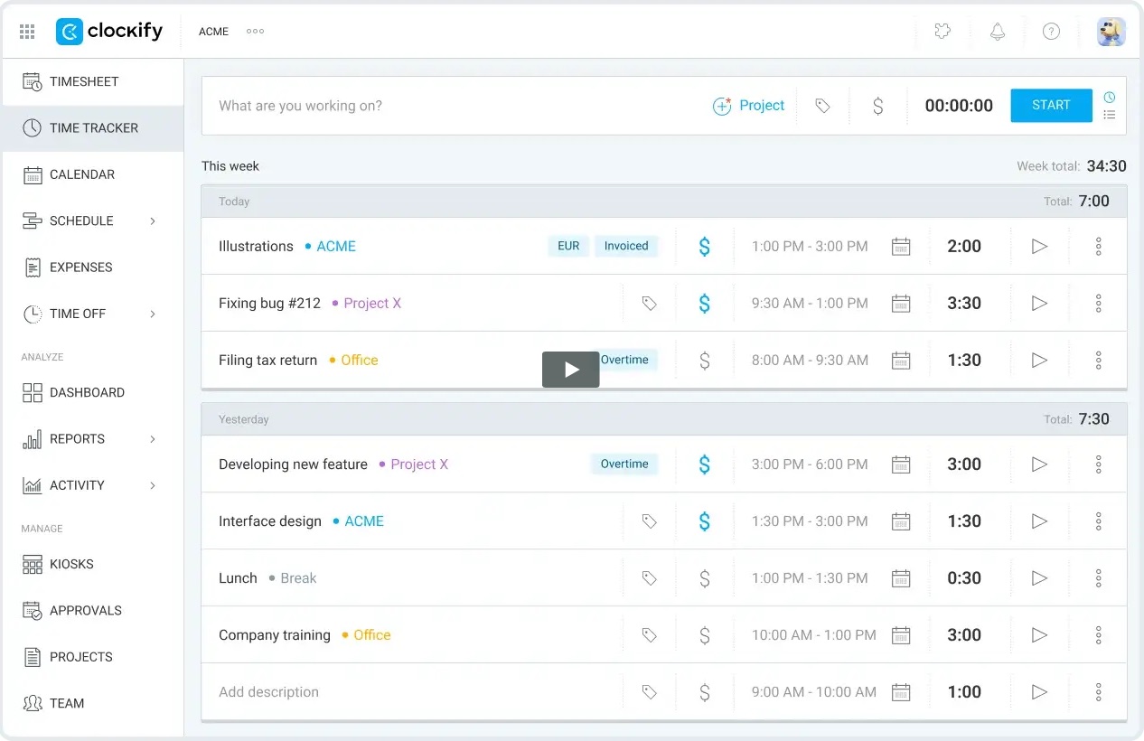 Clockify time tracker showing this week's time entries with projects, times and totals