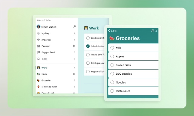 Microsoft To Do with a sidebar of lists, a Work list and a Groceries list on a phone
