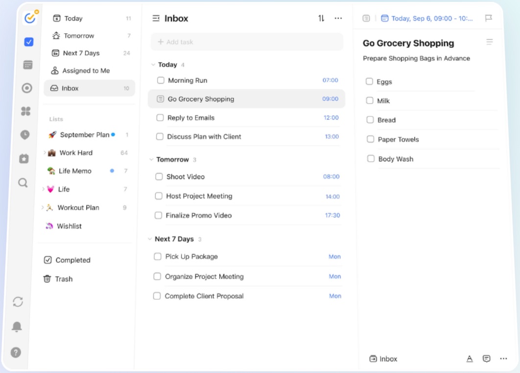 TickTick app with Today, Tomorrow and Next 7 Days lists and a task detail panel