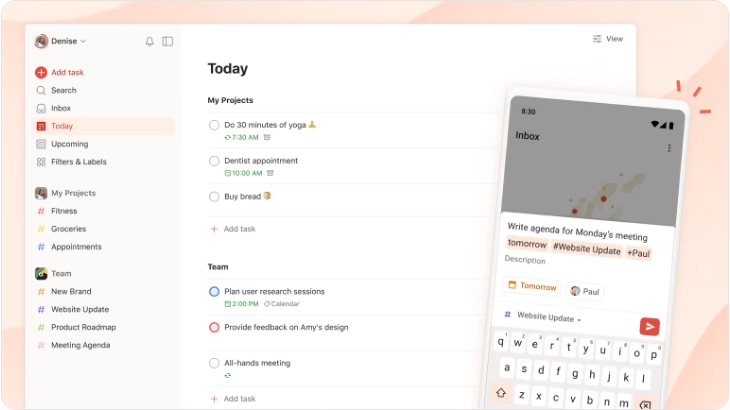 Todoist app with a Today list and a project sidebar on desktop and phone