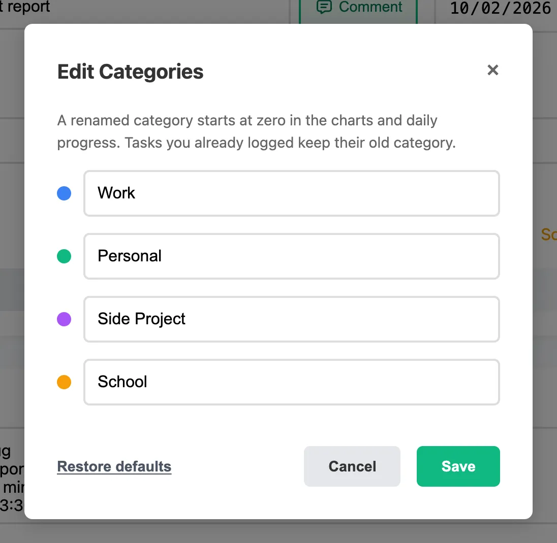 The Edit Categories dialog with one category renamed to Side Project