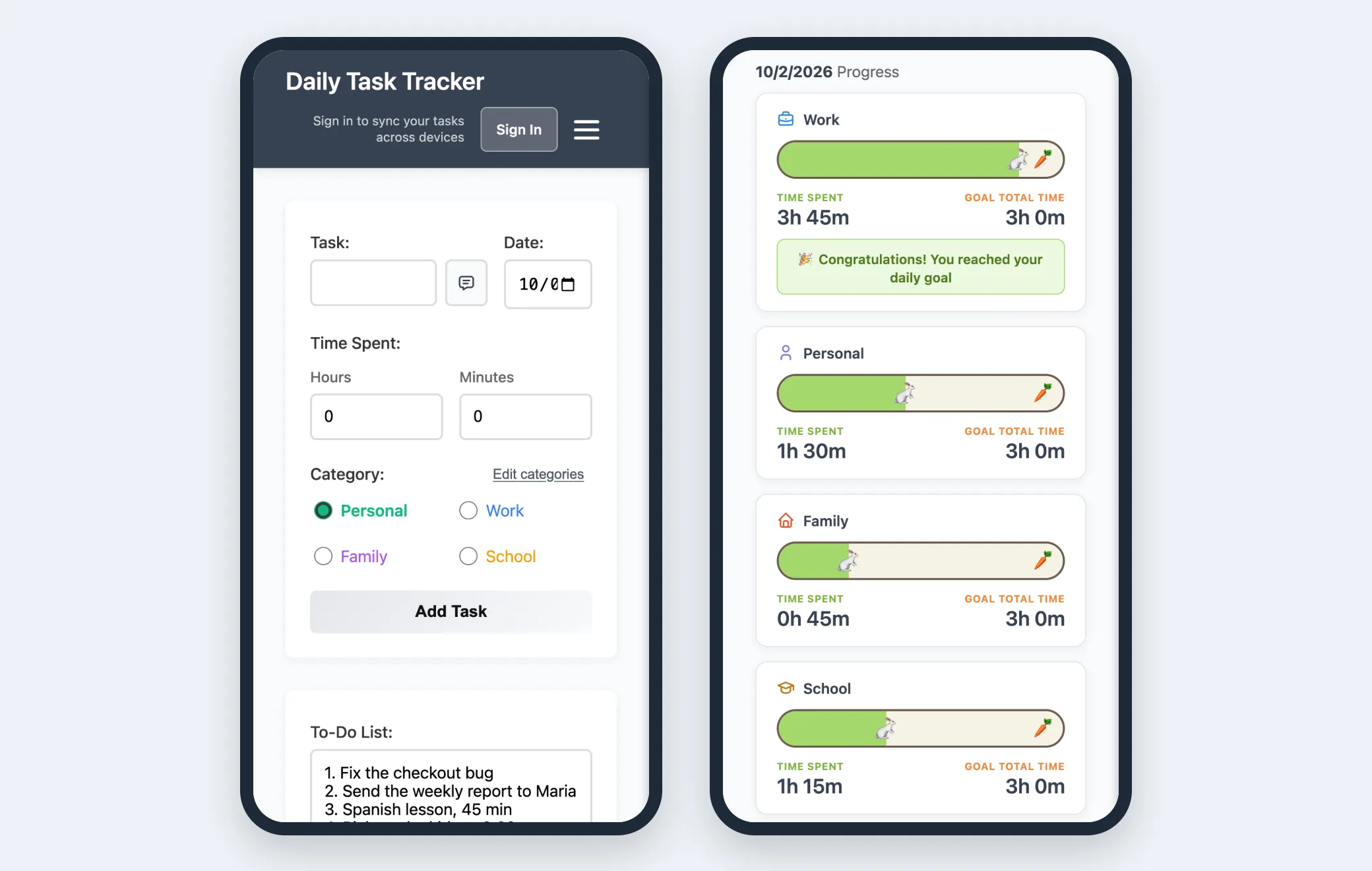 Two phone screens showing the IAM Rate Add Task form and the daily progress cards