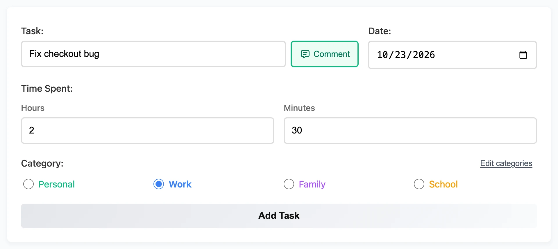 The IAM Rate Add Task form filled in with 'Fix checkout bug', 2 hours 30 minutes, the Work category and a green Comment button