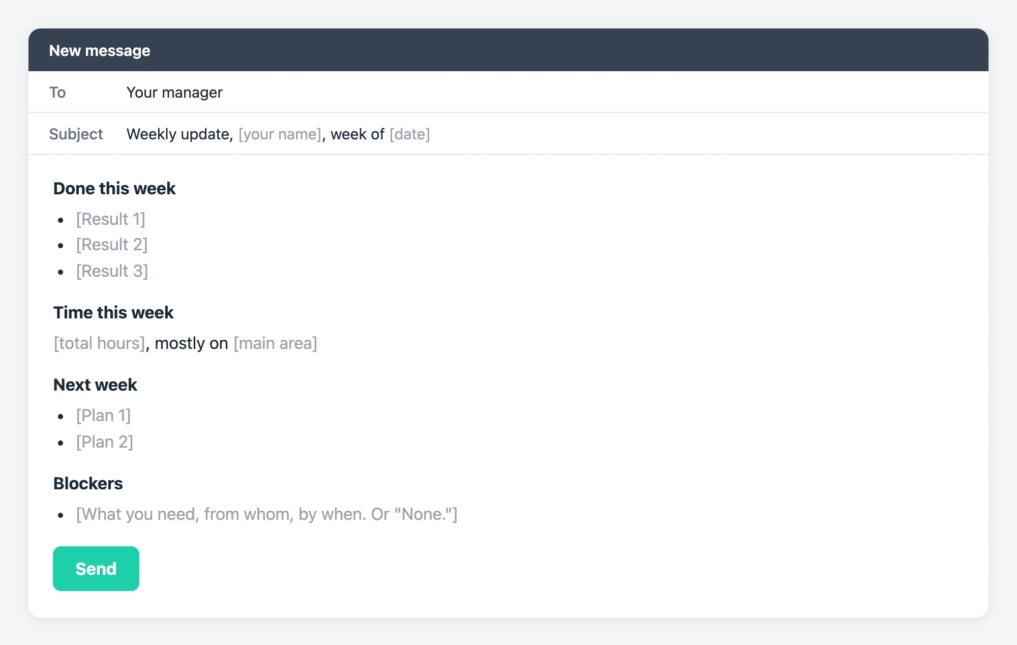 An email draft to your manager with four sections: Done this week, Time this week, Next week and Blockers, each with blanks to fill in