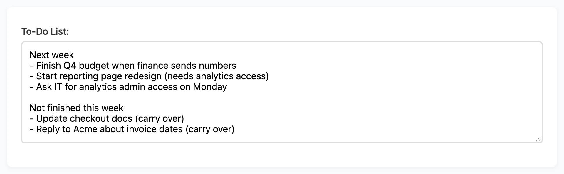 The To-Do List on Friday with three items under Next week and two carried-over items under Not finished this week