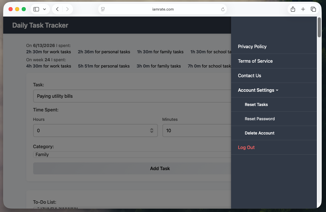 Account settings side menu